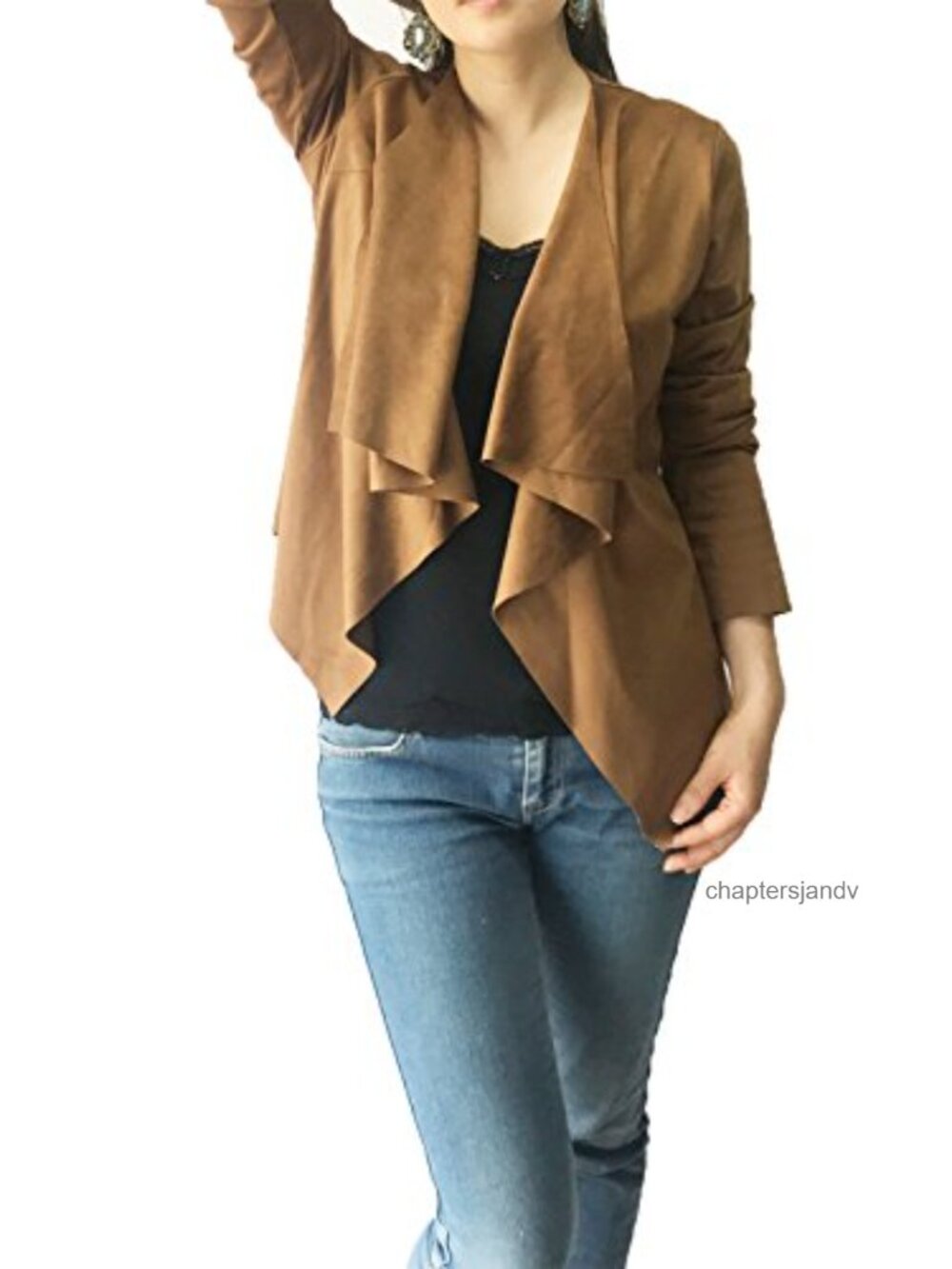 Chic Faux Suede Drape Front Long Sleeve Cardigan